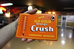 Rare 1950s Orange Crush Soda Pop Stamped Painted Metal Thermometer Sign Coke