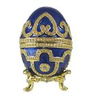 Blue Bejeweled Egg Trinket Box Jewelry Ring W/ Gold Stand Sparkly Hinged Gift