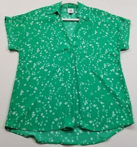 CAbi Replay Top Women’s Extra Small Green White Floral Short Sleeve Blouse #6082