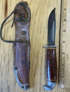 Vintage Small Hunting Knife Stacked Leather Leather Sheath Finland? Norway?