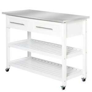 Kitchen Island with Stainless Steel Top Utility Serving Storage Cart on Wheels