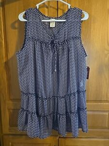 Faded Glory Womens Navy Blue Pink Lace Up Tie Neck Ruffle Babydoll Top XL