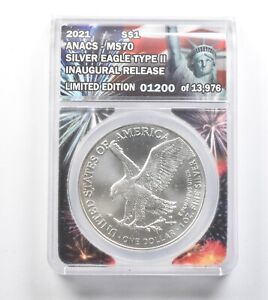 MS70 2021 American Silver Eagle Type 2 Inaugural #01200 Of 13,976 ANACS *779