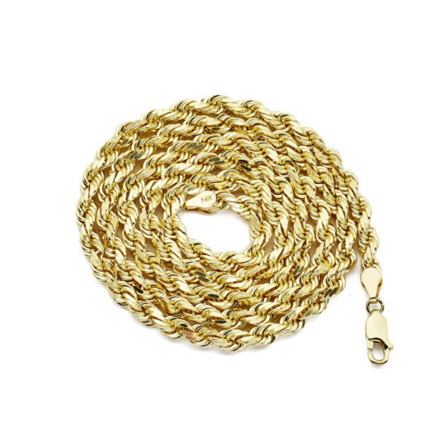 LoveBling 14K Yellow Gold Solid Diamond Cut Rope Chain Necklace (1mm to 5mm)