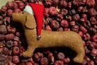 Primitive Christmas Wool Felt Dachshund w Santa Hat Ornie, Ornament