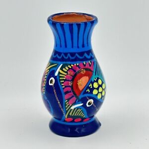 Talavera Folk Art Pottery Hand-Painted Bird Vase Mexico Colorful Blue 4”