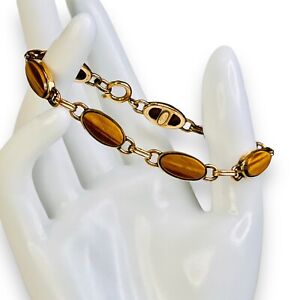 Vintage 7” Tigers Eye Bracelet Signed 1/20 12k Gold Filled WRE or WRF Bezel Set