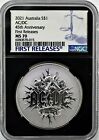 2021 Australia $1 AC/DC 1 Oz 45th Anniversary Silver Coin  NGC MS70 FR - Box COA