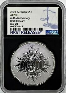 2021 Australia $1 AC/DC 1 Oz 45th Anniversary Silver Coin  NGC MS70 FR - Box COA