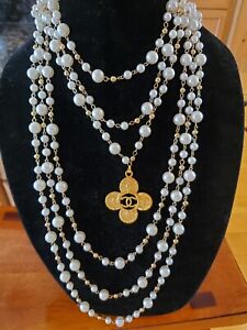 Chanel  Vintage Logo Button Zipper  Pull Pendant On Long Pearl Necklace