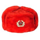 RUSSIAN AUTHENTIC USHANKA RED MILITARY HAT WITH SOVIET RED ARMY BADGE STYLE 2