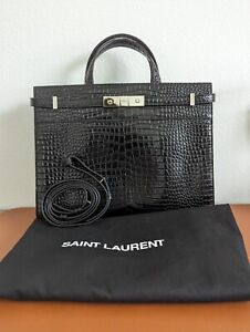 Saint Laurent Manhattan Shoulder Bag Crocodile Embossed Leather Medium Black