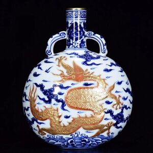 New ListingVivid Chinese Handmade Painting Blue White Porcelain Dragon Flat Vase