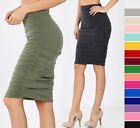 High Waist Ruched Sides Pencil Skirt High Waist Lined Stretch Cotton Solid Knit