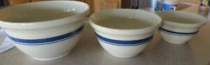 Set of 3 Vintage Roseville Ohio Pottery USA Friendship Blue Stripe Mixing Bowls