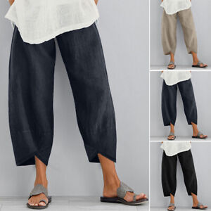 US STOCK Women Summer Pants Casual Cropped High Waist Pull On Long Trousers Plus