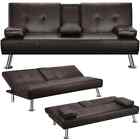 Faux Leather Futon Folding Convertible Sofa Bed Sleeper Couch Cupholders Modern