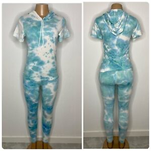 NWT Teal Tie Dye Women Set High Waist Leggings and Hoodie Top Size S and M