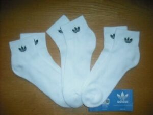 Mens NWT Adidas Quarter Ankle Socks 3prs White TREFOIL Logos Cushion Sz:L(8-12)