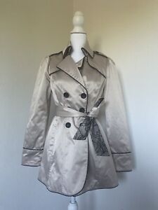 BEBE Double Breasted Satin Trench Coat Belted Jacket Lace Taupe Size Small