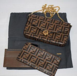Womens Fendi Wallet On Chain With Pouches & CardHolder Brown Leather FF Embossed