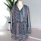 NORDSTROM CHELSEA28 Boho Print Babydoll Dress Puff Sleeve Cinched Waist Teal Red