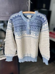 Vntg LL Bean Nordic Cardigan Sweater Blue White 100% Wool Made in Norway XL