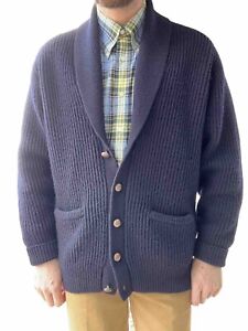 Vintage Greenwich Mens Navy Blue 100% Wool Shawl Collar Cardigan Men's Size XL