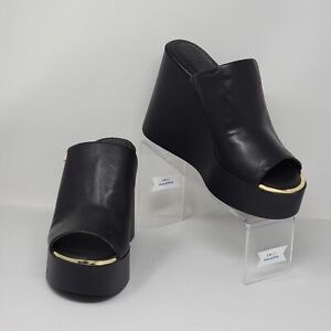 DKNY Pen Black Leather Padded Slip On Platform Wedge Sandal Clogs Women's 11 New