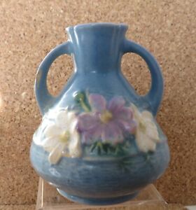 Roseville Pottery Blue Cosmos Double Handled Vase 944