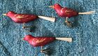 Red Glass Clip On Gold Glitter Birds Ornament  Set Of 3 Vintage