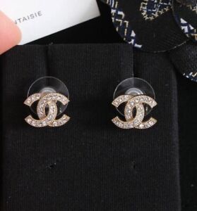CHANEL  All Crystal Classic CC Logo Earrings LARGE Gold Tone with Box