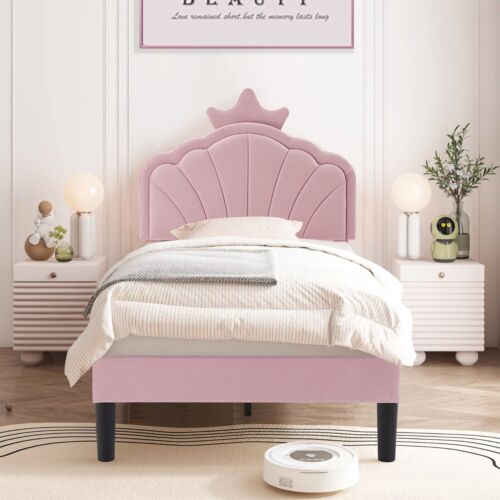 Cute Kids Bed Frame Twin Size Crown Velvet Upholstered Headboard Wood Platform