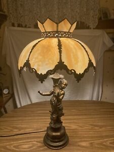 Vintage leaded glass  table lamp cherub base bent panel Caramel Slag Impressive