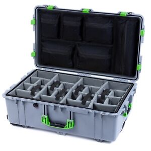 Silver & Lime Green Pelican 1650 case. With grey dividers & lid organizer.