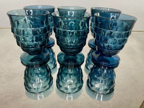 Vintage Colony Glass Whitehall 4 3/8” Riviera Blue Cubist Tumbler Set Of 6 MCM
