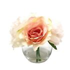 Mixed Open Rose and Peony Silk Flower in Clear Glass Vase with Faux Water