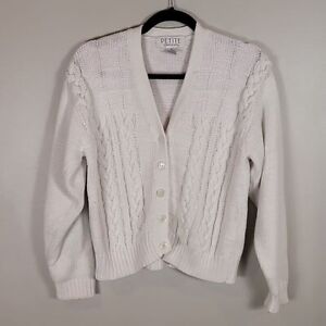 Vintage Womens Chunky Knit Cropped Cardigan Size S White Button Fisherman Ramie