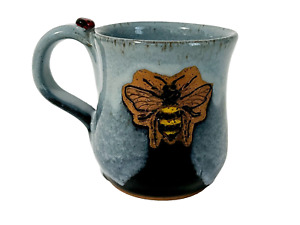 New ListingArt Pottery Coffee Mug Bee With Ladybug Blue Handmade Signed Mackey Creek Mud