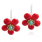 Statement Synthetic Coral and Turquoise Flower Brass .925 Silver Earrings