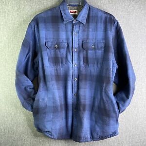 Vtg Wrangler Mens L Flannel Sherpa Lined Blue Shirt Jacket Pockets MS25