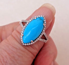 Navette Shaped Natural Turquoise and Diamond Halo Ring 14K Solid White Gold