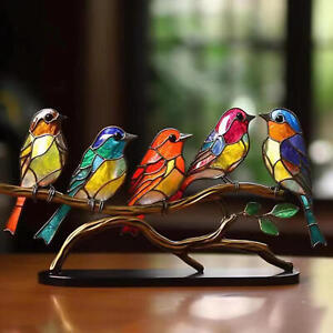 Stained Glass Birds on Branch Desktop Ornaments Metal Vivid Craft Desktop Decor