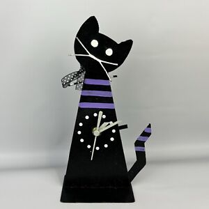 Oxidos Handmade Metal Black Cat Purple Stripes Whimsical Clock Tested Art Piece