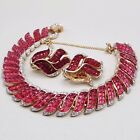 Vtg Crown Trifari Alfred Philippe Waffle Invisibly Set Red Bracelet EarringsREAD