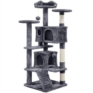 54''H Cat Tree Tower w/ 2 Condos, Balls, Scratching Posts for Indoor Cats, Used