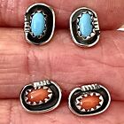 2 Pair Turquoise Red Coral Stud Earrings Lot Navajo Sterling 925 Dark Post