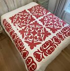 Antique 1850s Cotton Hawaiian Quilt Patchwork Red And White Calico Quilt Blanket