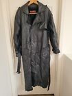 Vtg Long Leather Trench Coat Black Phase 2 Double Breast Zip Liner Size Large
