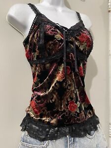Vtg black red floral y2k top cami 2000s coquette ballet fairy glam 90s whimsical